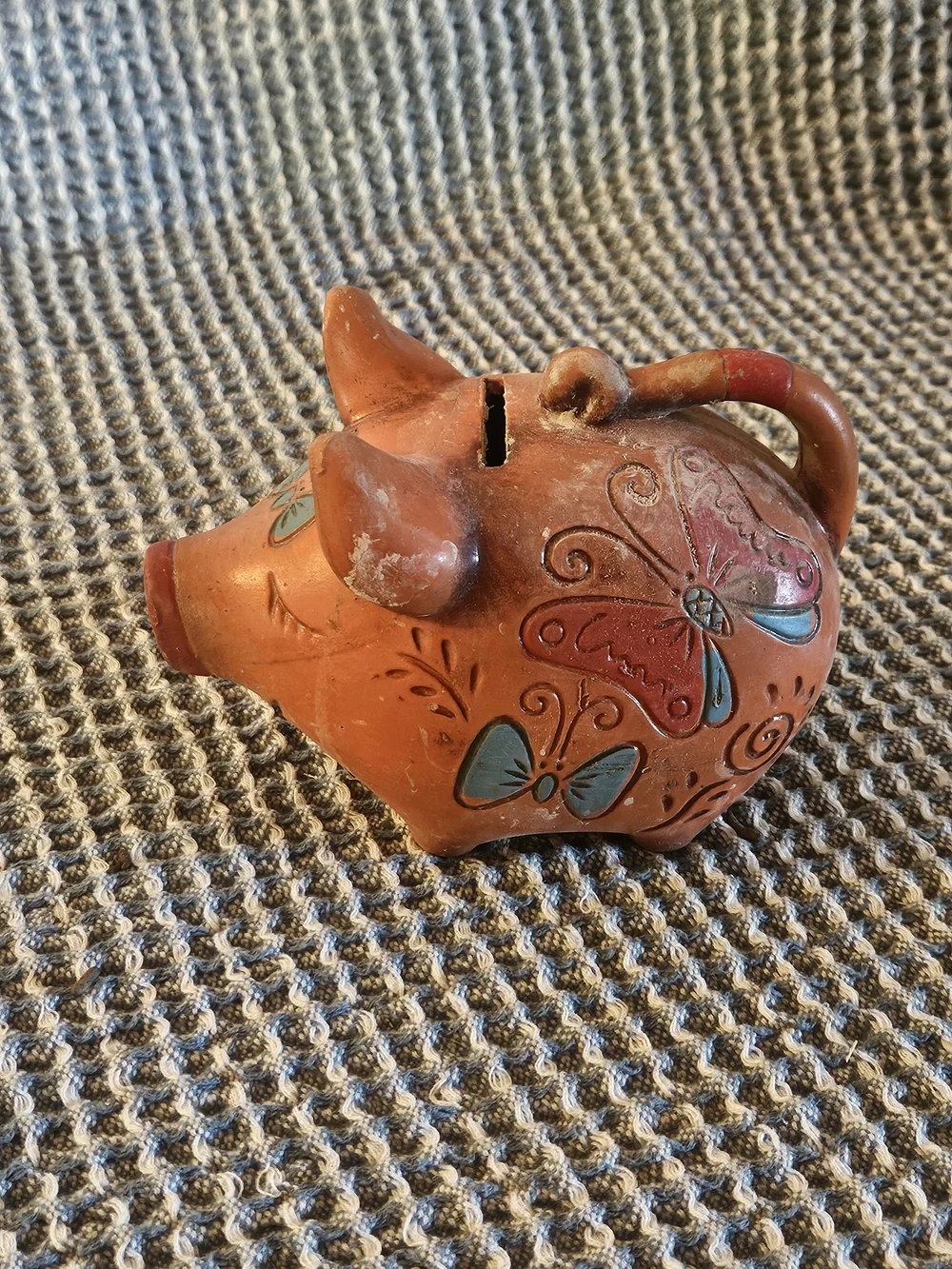 MCM Terracotta Piggy Bank with Blue Accent